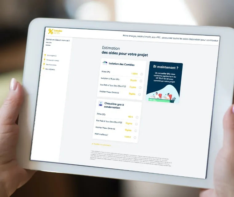 Tablette avec estimation aides rénovation énergétique Effy